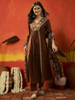 Stylum - Brown Embroidered Cotton Anarkali Kurta With Pant And Dupatta