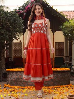Stylum - Rust Embroidered Rayon Anarkali Kurta With Pant And Dupatta