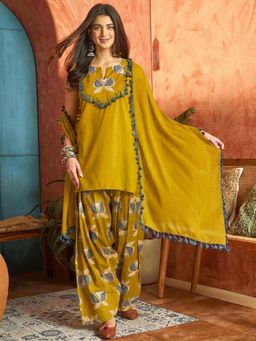 Stylum - Mustard Printed Cotton Kurti With Farshi Salwar And Dupatta