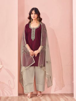 Tikhi Imli - Maroon Silk Blend Embroidery Kurta and Farsi Salwar with Dupatta