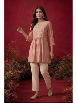 Lakshita - Pink Embroidered Cotton Kurti with Pant
