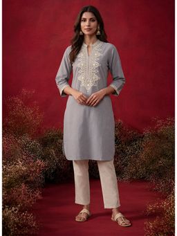 Lakshita - Grey Embroidered Mirror Work Cotton Kurta with Pant