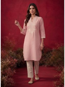 Lakshita - Pink Embroidered Mirror Work Cotton Kurta with Pant