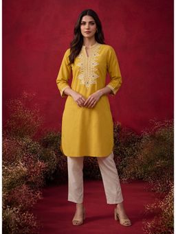 Lakshita - Daisy Yellow Embroidered Mirror Work Cotton Kurta with Pant