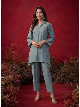 Lakshita - Grey Embroidered Cotton High-Low Co-Ord Set
