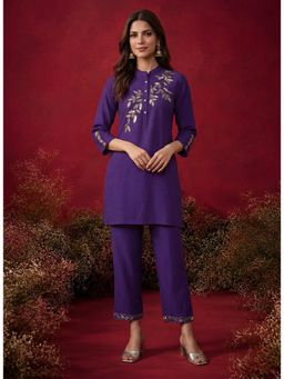 Lakshita - Purple Embroidered Embellished Cotton Straight Co-Ord Set