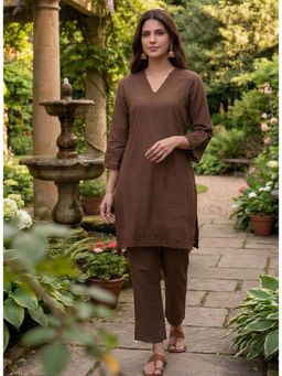Lakshita - Brown Embroidered A-Line Kurti with Pant
