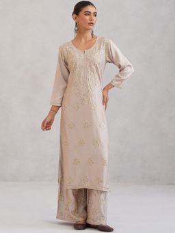 Colorkosh - Cream Rayon Chikankari Embroidered Stylish Kurta And Palazzo