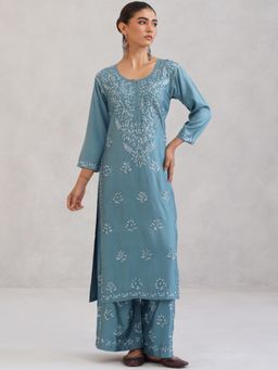 Colorkosh - Blue Rayon Chikankari Embroidered Stylish Kurta And Palazzo