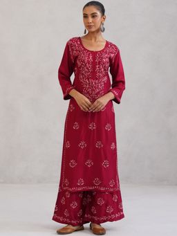 Colorkosh - Red Rayon Chikankari Embroidered Stylish Kurta And Palazzo