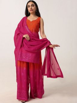 Colorkosh - Pink Georgette Chikankari Embroidered Kurta And Palazzo With Dupatta