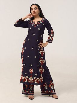 Colorkosh - Navy Blue Rayon Chikankari Embroidered Kurta And Palazzo