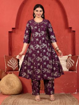 ARAMYA - Purple Chanderi A-Line Gold Foil Print Kurta with Pant
