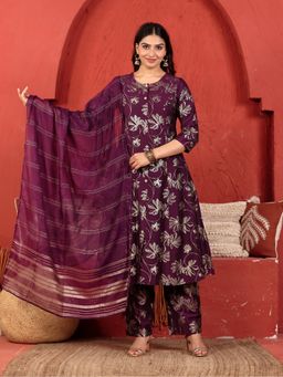 ARAMYA - Purple Chanderi A-Line Gold Foil Print Kurta with Pant and Dupatta