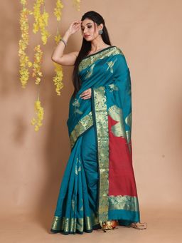 CHARUKRITI - Cerulean Blue Cotton Blend Handwoven Zari Woven Bird Designs Saree with Unstitched Blouse