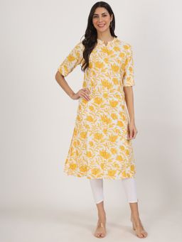 Divena - Yellow Floral Printed Rayon A-Line Kurta