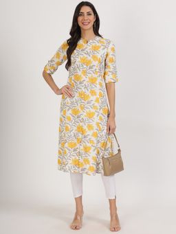 Divena - Yellow Floral Printed Rayon A-Line Kurta
