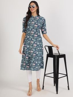 Divena - Navy Blue Floral Printed Rayon A-Line Kurta