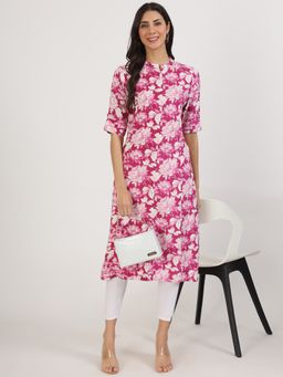 Divena - Purple Floral Printed Rayon A-Line Kurta