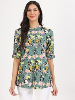 Divena - Green Floral Printed Rayon Top