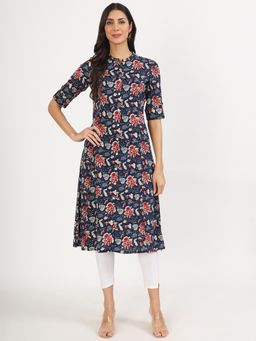 Divena - Blue Floral Printed Rayon A-Line Kurta
