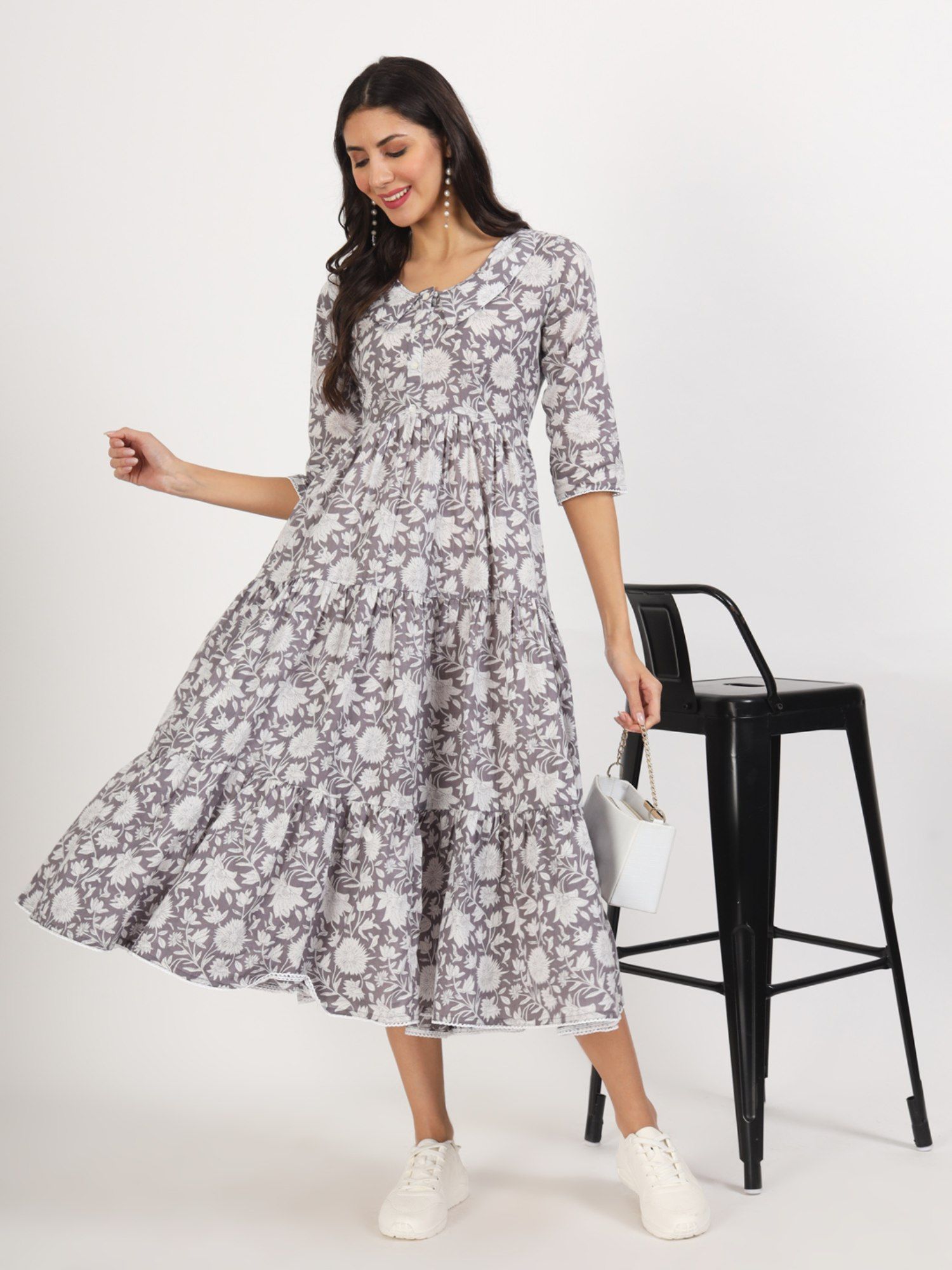 Grey Floral Printed Cotton Dress-image-12