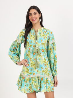 Divena - Green Floral Printed Rayon Dress