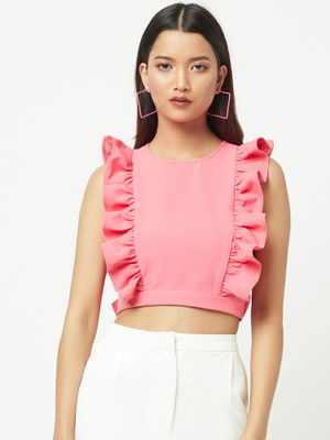 Attic Salt Salmon Pink Solid Ruffle Top