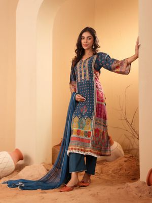 Women Blue Ethnic Printed Straight Sleevless Kurta