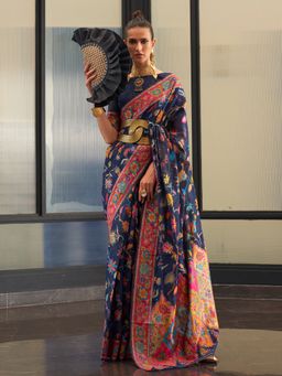 Akhilam - Women's Silk Blend Navy Blue Woven Designer Saree with Unstitched Blouse