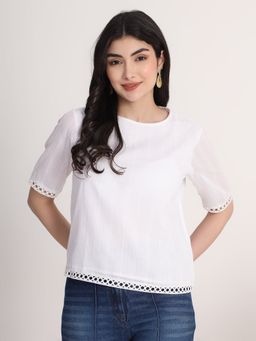 JUSTIN WHYTE - White Round Neck Top with Lace