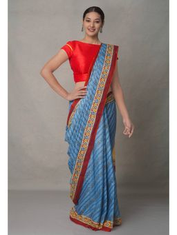 Unnati Silks - Blue Pure Block Printed Cotton Saree with Unstitched Blouse