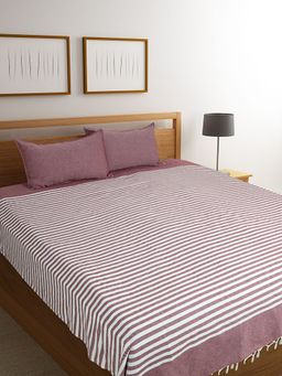 Saral Home - Cotton Striped Bedsheet with 2 Pillow Covers (Maroon, 90"x100")