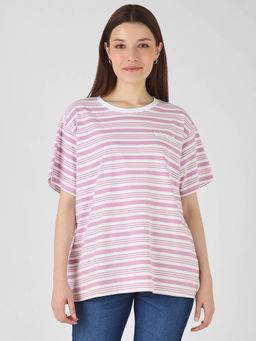 Wrangler - Women Striped Purple Crew Neck T-Shirt