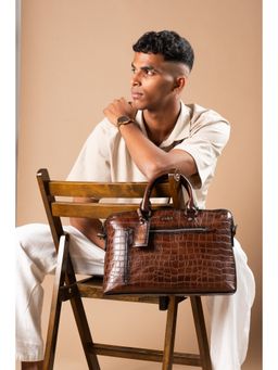 Eske - Griffin Unisex Laptop Briefcase, Upto 13 Inch (Dark Tan Hand-Stitched Print)