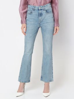 VERO MODA - Women's Blue Solid Boot Cut High Waist Jeans