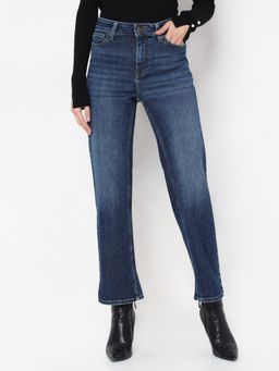 VERO MODA - Women's Blue Solid Wide Mid Waist Jeans