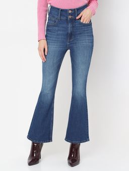 VERO MODA - Women's Blue Solid Boot Cut High Waist Jeans
