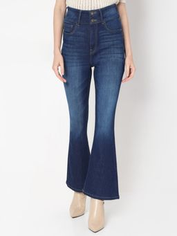 VERO MODA - Women's Blue Solid Boot Cut High Waist Jeans