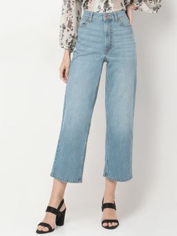 VERO MODA - Women's Blue Solid Wide High Waist Jeans