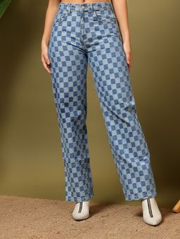 KOTTY - Women'S Blue Checks Straight High Waist Jeans