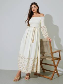 Styli - Women Off White Self Design Cotton Dress
