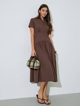Styli - Women Brown Solid/Plain Cotton Dress