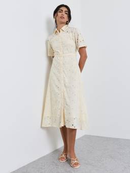 Styli - Women Off White Self Design Cotton Dress