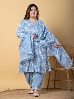 Readiprint - Women Grey Floral Kurta with Pant and Dupatta (Set of 3)