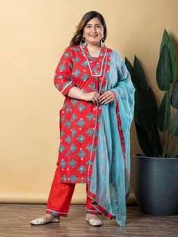 Readiprint - Women Red Floral Kurta with Pant and Dupatta (Set of 3)