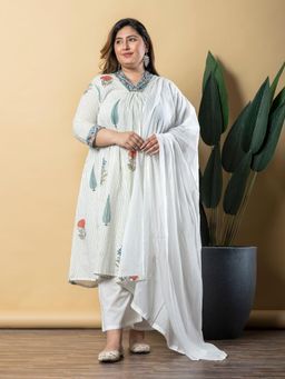 Readiprint - Women White Stripes Kurta with Pant and Dupatta (Set of 3)