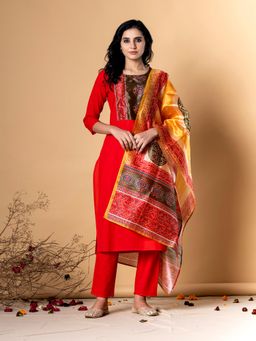 Readiprint - Women Red Embroidered Kurta with Pant and Dupatta (Set of 3)