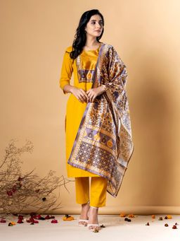 Readiprint - Women Mustard Embroidered Kurta with Pant and Dupatta (Set of 3)
