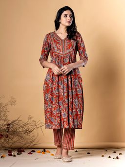 Readiprint - Women Rust Floral Kurta with Palazzo (Set of 2)